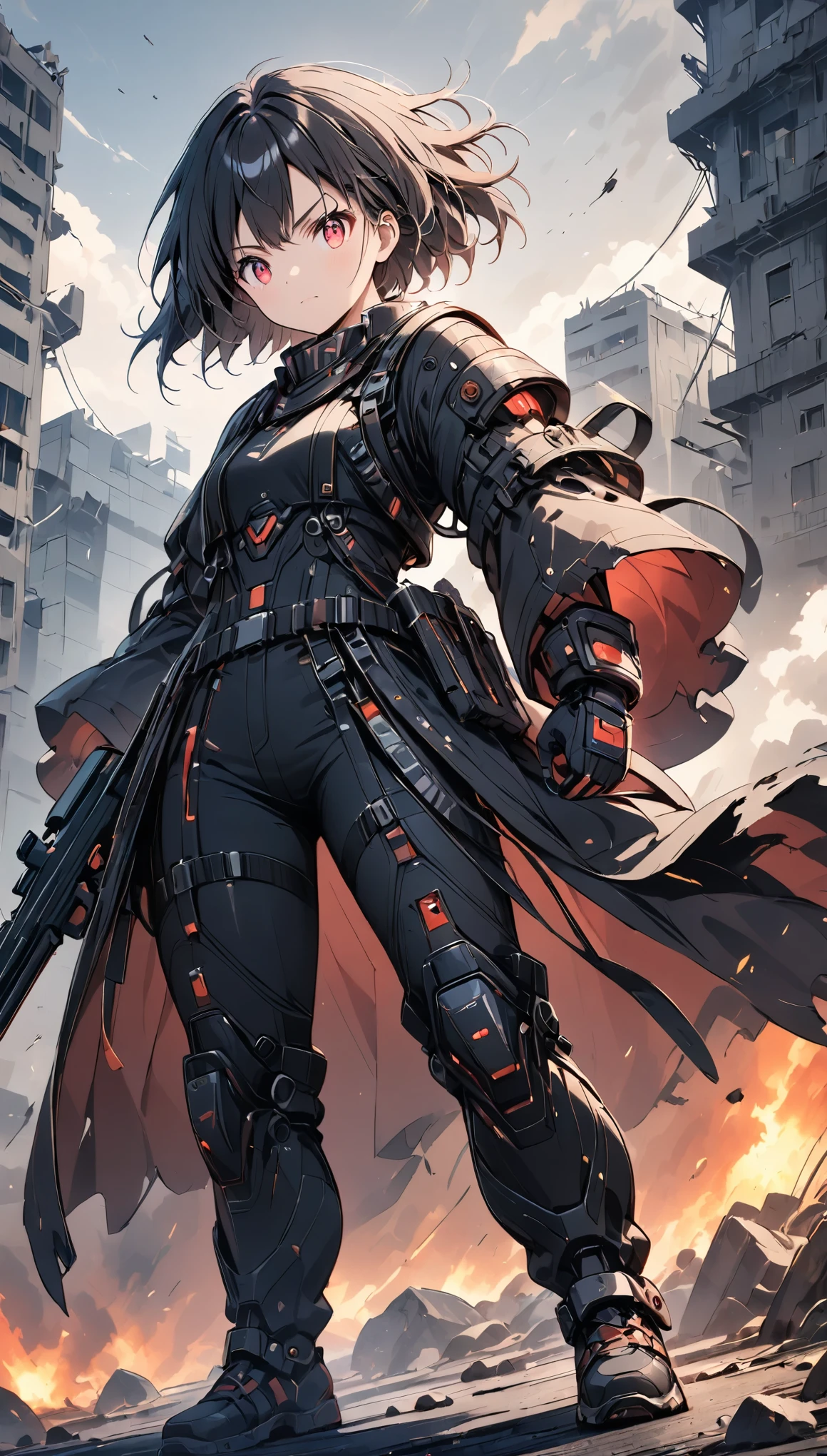 (anime style:1.4),(Detailed depiction of faces),超High resolution, Attention to detail, high quality, High resolution, 最high quality, 4K, 8K,A young female warrior in a high-tech black powered exosuit with glowing red LED accents, standing on rubble in a post-apocalyptic setting, photorealistic anime style, short black bob hairstyle, glowing red eyes, holding a rifle in one hand, ((wearing a tattered, billowing robe that is heavily damaged and frayed)), confident and fierce expression,cute