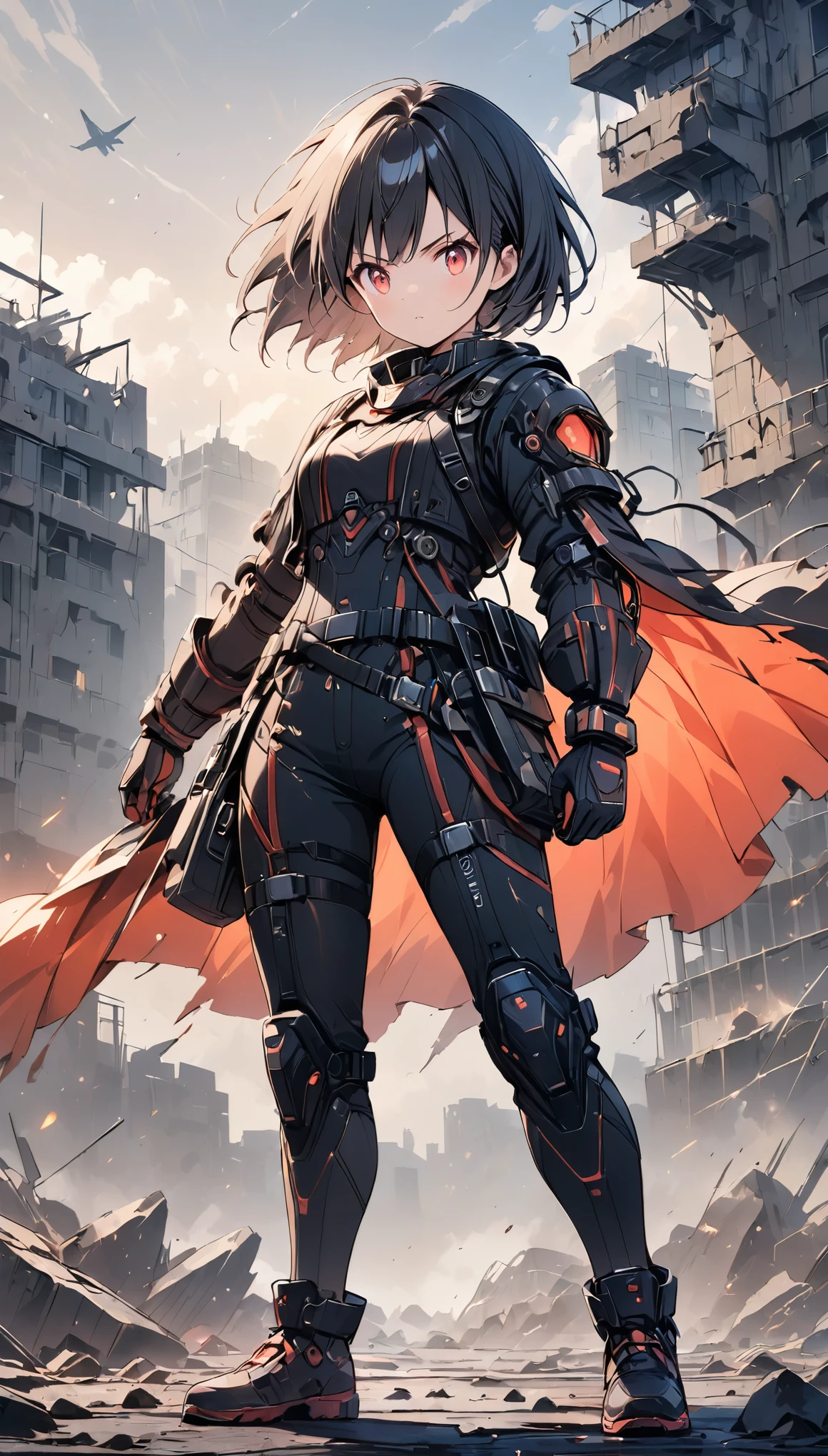 (anime style:1.4),(Detailed depiction of faces),超High resolution, Attention to detail, high quality, High resolution, 最high quality, 4K, 8K,A young female warrior in a high-tech black powered exosuit with glowing red LED accents, standing on rubble in a post-apocalyptic setting, photorealistic anime style, short black bob hairstyle, glowing red eyes, holding a rifle in one hand, ((wearing a tattered, billowing robe that is heavily damaged and frayed)), confident and fierce expression,cute