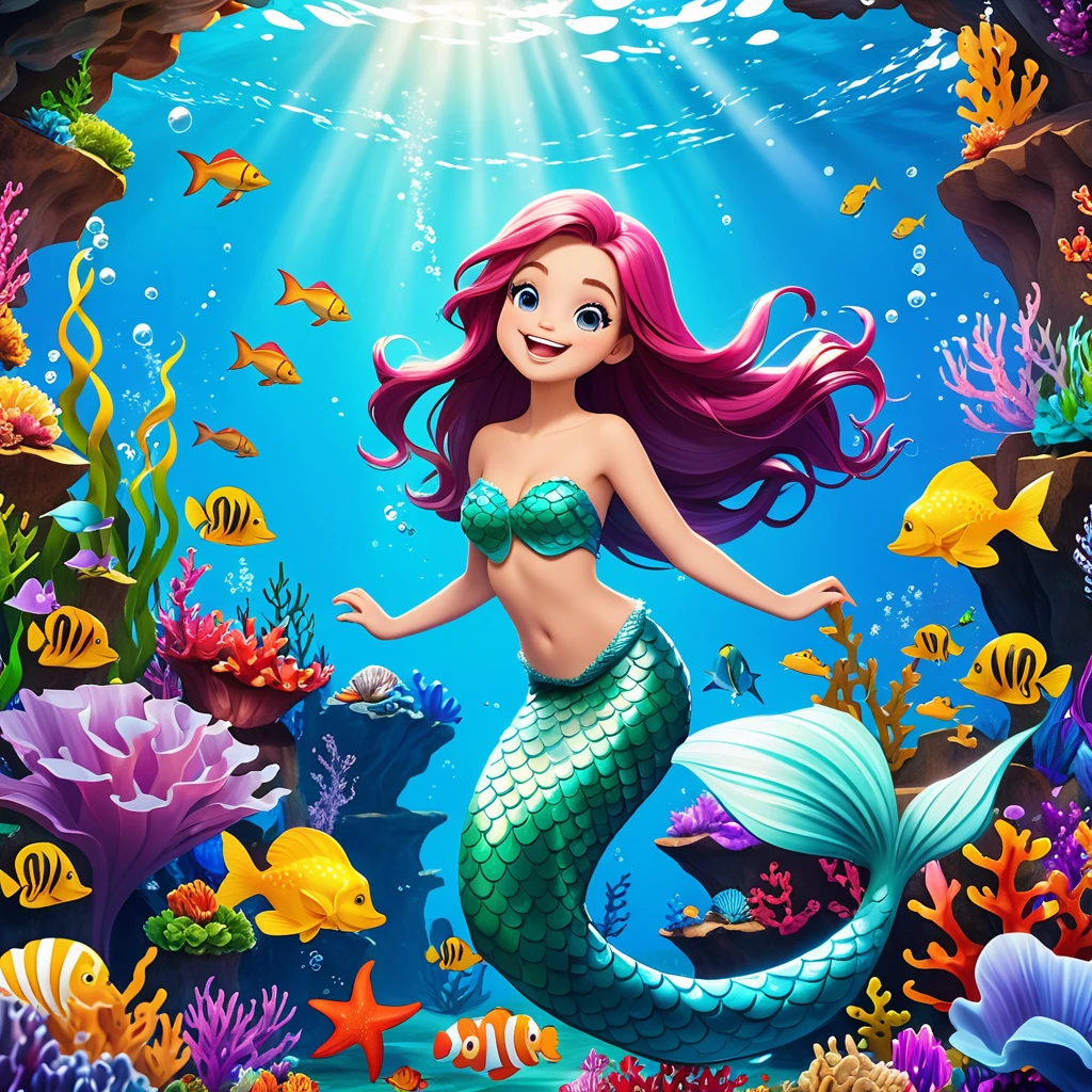 Create a 4K wallpaper with a cartoon mermaid depicting a happy expression, surrounded by relevant elements and set against a suitable background.