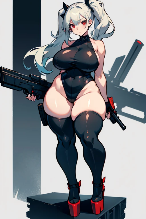 Young young woman, thick hips, thick thighs, platform heels, high cut leotard, huge breast, thin waist, ponytails hair, pale skin,) holding guns, sleves, shoulderless, red eyes
