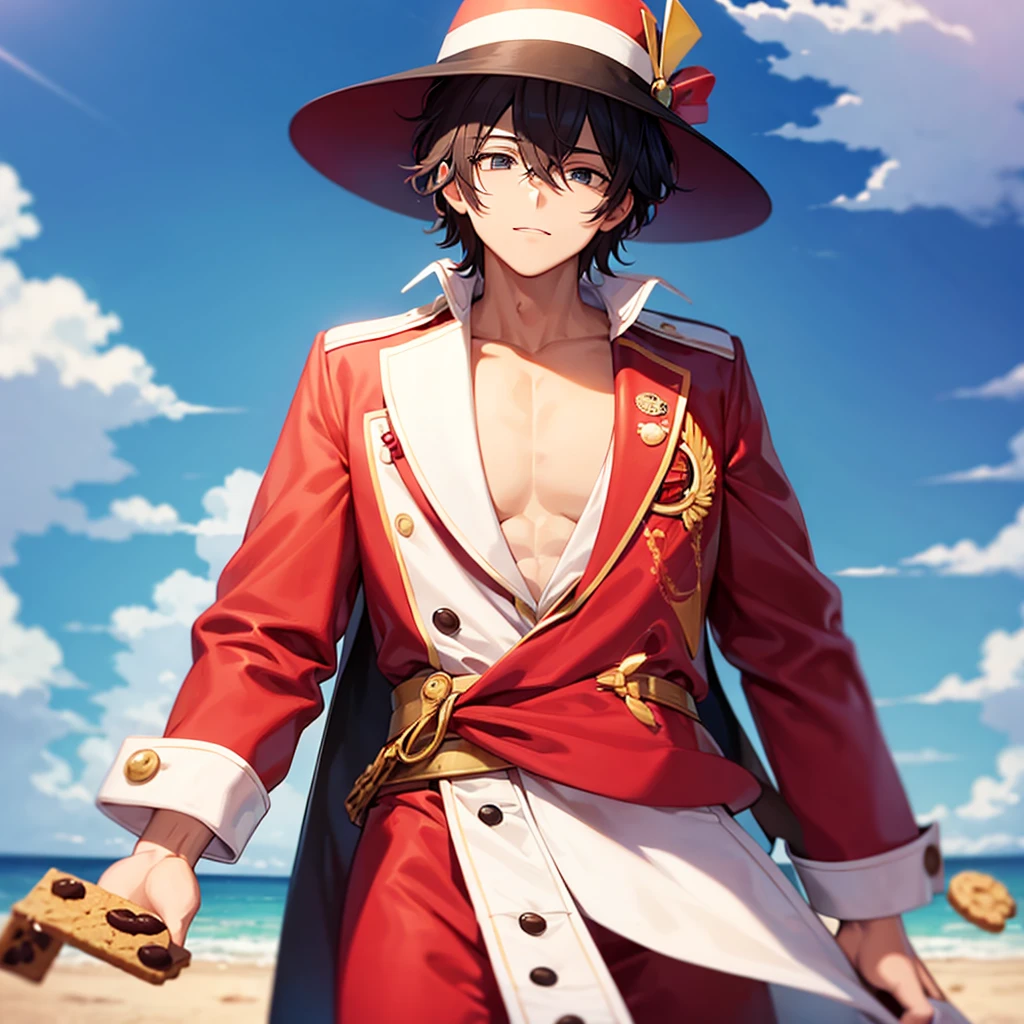 A male character in a Neapolitan-themed suit and a hat with three cookie dominoes on each end.
