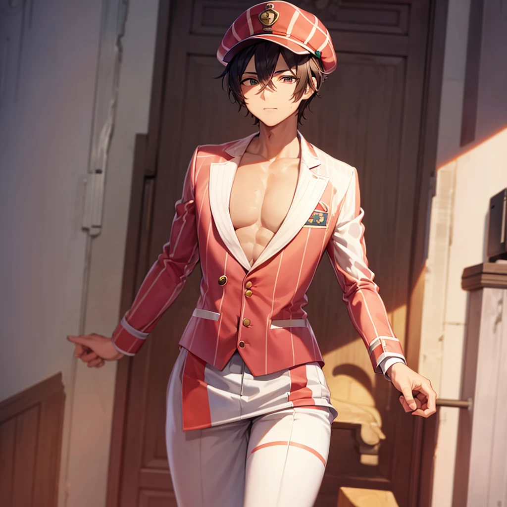 A male character in a Neapolitan-themed suit and a hat with three cookie dominoes on each end.
