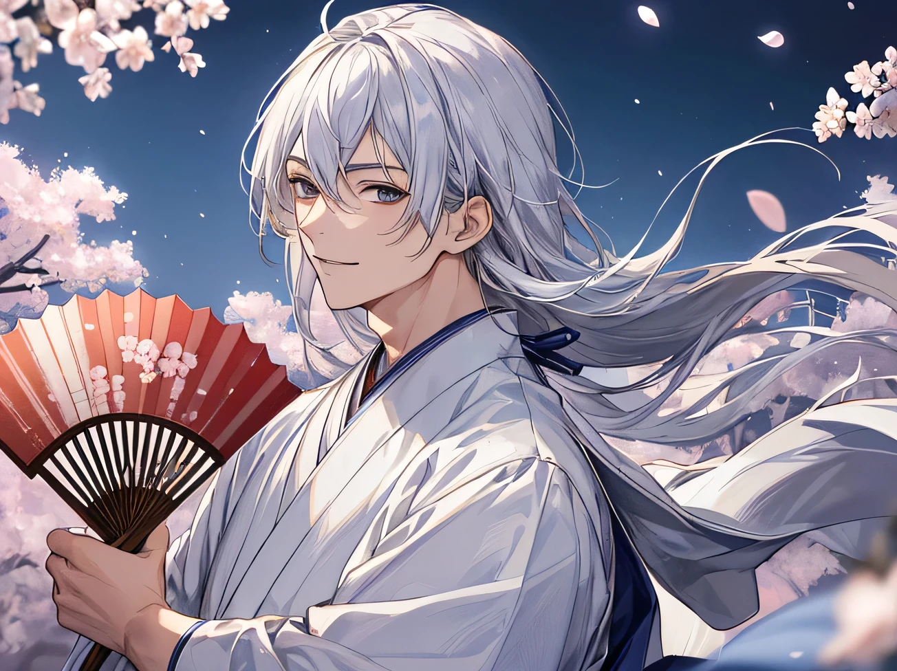 masterpiece,Face Focus,Face close-up,Dynamic Angle,Smile a little,Upper Body, ((masterpiece: 1.4, Highest quality)), One Man, Silver Hair,Long Hair,Japan Priesthood, white and light blue hakama: 1.3),Holding a folding fan, Fantastic night cherry blossoms