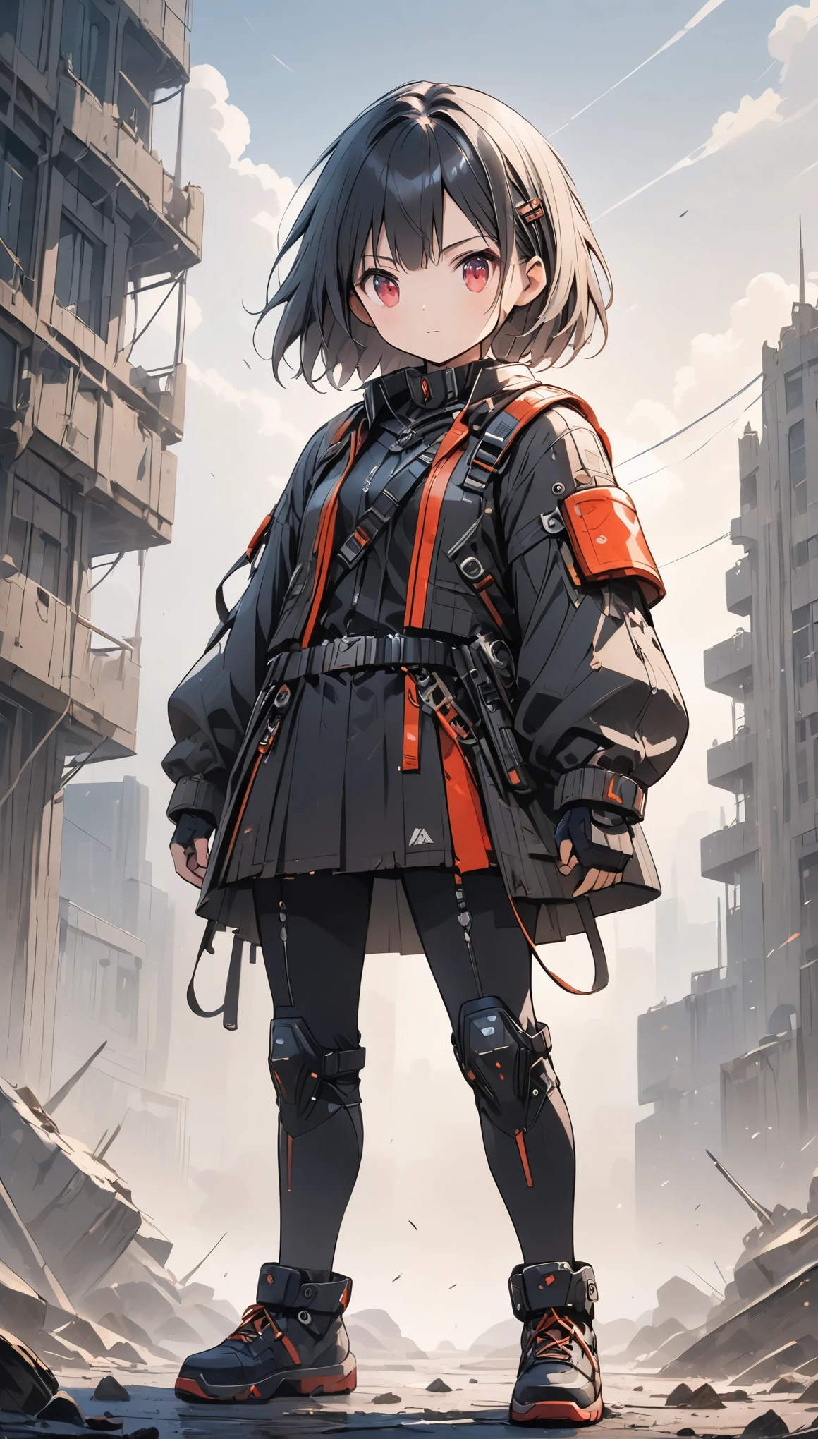 (anime style:1.4),(Detailed depiction of faces),超High resolution, Attention to detail, high quality, High resolution, 最high quality, 4K, 8K,A young female warrior in a high-tech black powered exosuit with glowing red LED accents, standing on rubble in a post-apocalyptic setting, photorealistic anime style, short black bob hairstyle, glowing red eyes, holding a rifle in one hand, ((wearing a tattered, billowing robe that is heavily damaged and frayed)), confident and fierce expression,cute,close-up