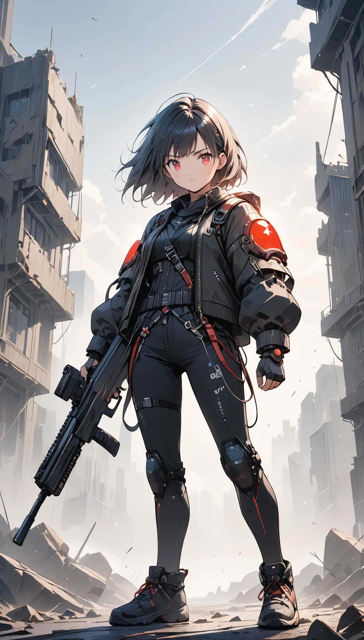 (anime style:1.4),(Detailed depiction of faces),超High resolution, Attention to detail, high quality, High resolution, 最high quality, 4K, 8K,A young female warrior in a high-tech black powered exosuit with glowing red LED accents, standing on rubble in a post-apocalyptic setting, photorealistic anime style, short black bob hairstyle, glowing red eyes, holding a rifle in one hand, ((wearing a tattered, billowing robe that is heavily damaged and frayed)), confident and fierce expression,cute,close-up