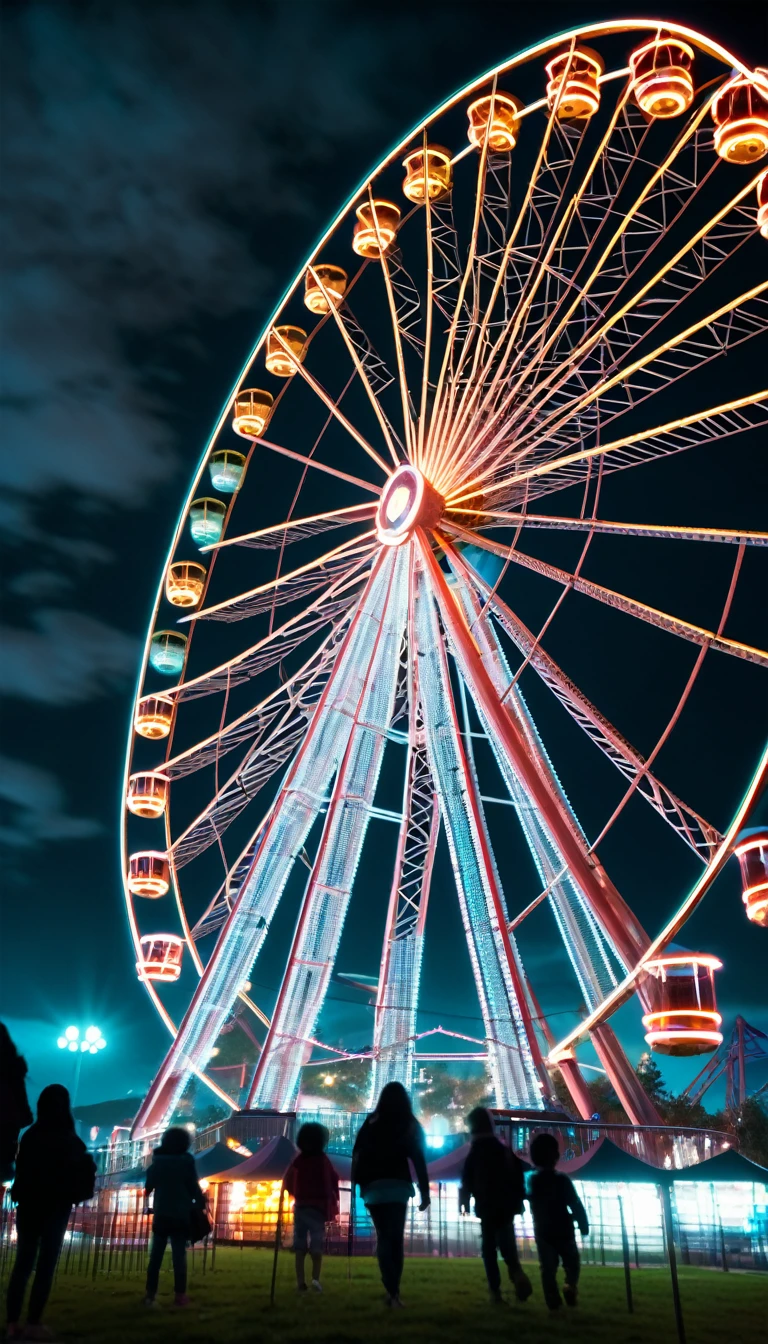 The rusted Ferris wheel slowly creaking, with ghostly apparitions of children riding it.