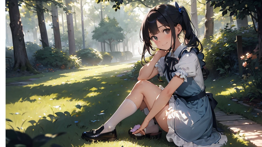 master piece, ultra detailed, hyper realistic, Girl sitting on a stump playing classical guitar, Alice in wonderland dress, blue dress with white apron, peter pan collar, puff sleeves, knee-length skirt, white stockings, black Mary jane shoes, An infectious smile that makes everyone around feel happy, flower field, a forest with sunlight filtering through the trees, creating a spotlight like effect of dappled light, detailed lighting, intricate shadows, warm tones, highly detailed, photorealistic, A Dutch angle shot, tilted to one side for a dynamic and dramatic effect,