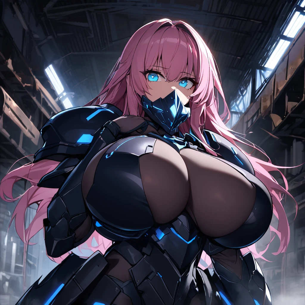 1girl,solo,pink hair color,long hair,light blue eyes,gigantic huge breasts,Wearing black sci-fi armor,Armor adheres closely to body lines,Cyber mask covering mouth,Cybersword weapon in hand,expressionless,icy stare,cold expression,Ruthless,disgusted eyes,close mouth,looking at viewer,standing up,In a dimly lit warehouse