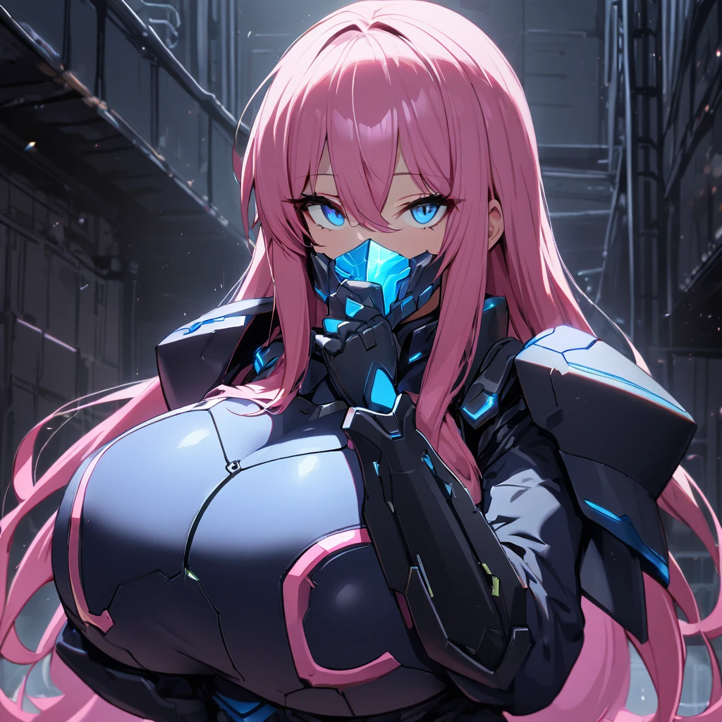 1girl,solo,pink hair color,long hair,light blue eyes,gigantic huge breasts,Wearing black sci-fi armor,Armor adheres closely to body lines,Cyber mask covering mouth,Cybersword weapon in hand,expressionless,icy stare,cold expression,Ruthless,disgusted eyes,close mouth,looking at viewer,standing up,In a dimly lit warehouse