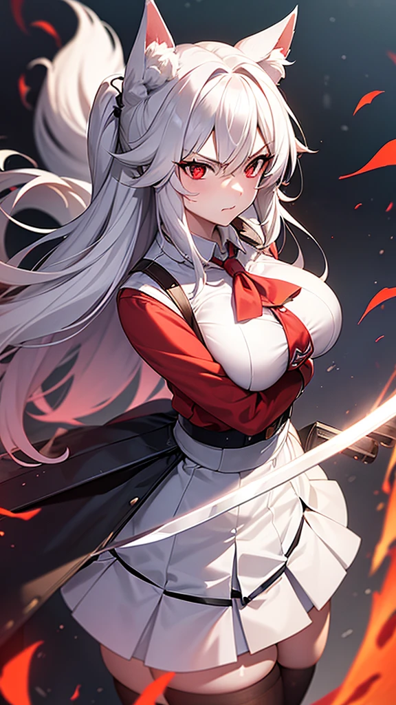 An adult woman half fox and wolf, wide breasts, red eyes, white hair, very angry, in a school girl outfit, on her back, looking back, holding a sword