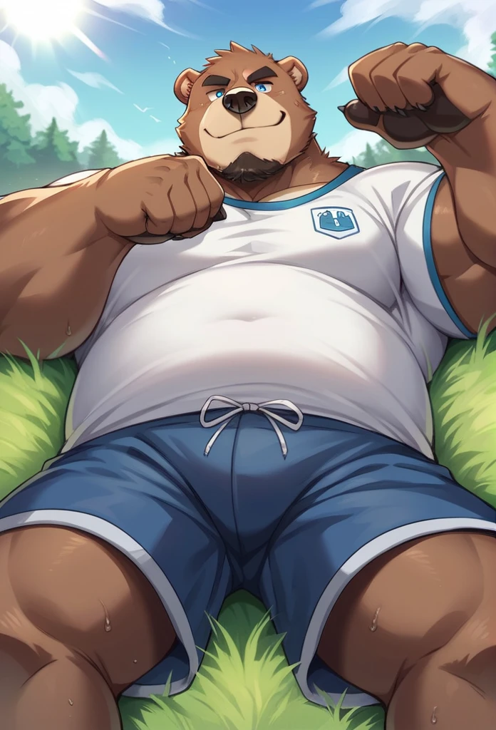 NJ5furry, Grizzly Bear, solitary，Beast field，chubby, Thick arms，Strong muscles，shorts，Plush，Chubby face，Black eyebrows，Sky blue eyes，beard，smirk:1.1，lying back on the grass,on stomach,  daddy,  (from below:1.1)，Lie down，（shirt,shorts），Sunlight  , stinky feet  ,（sweat）,by zixiong, Takemoto Arashi