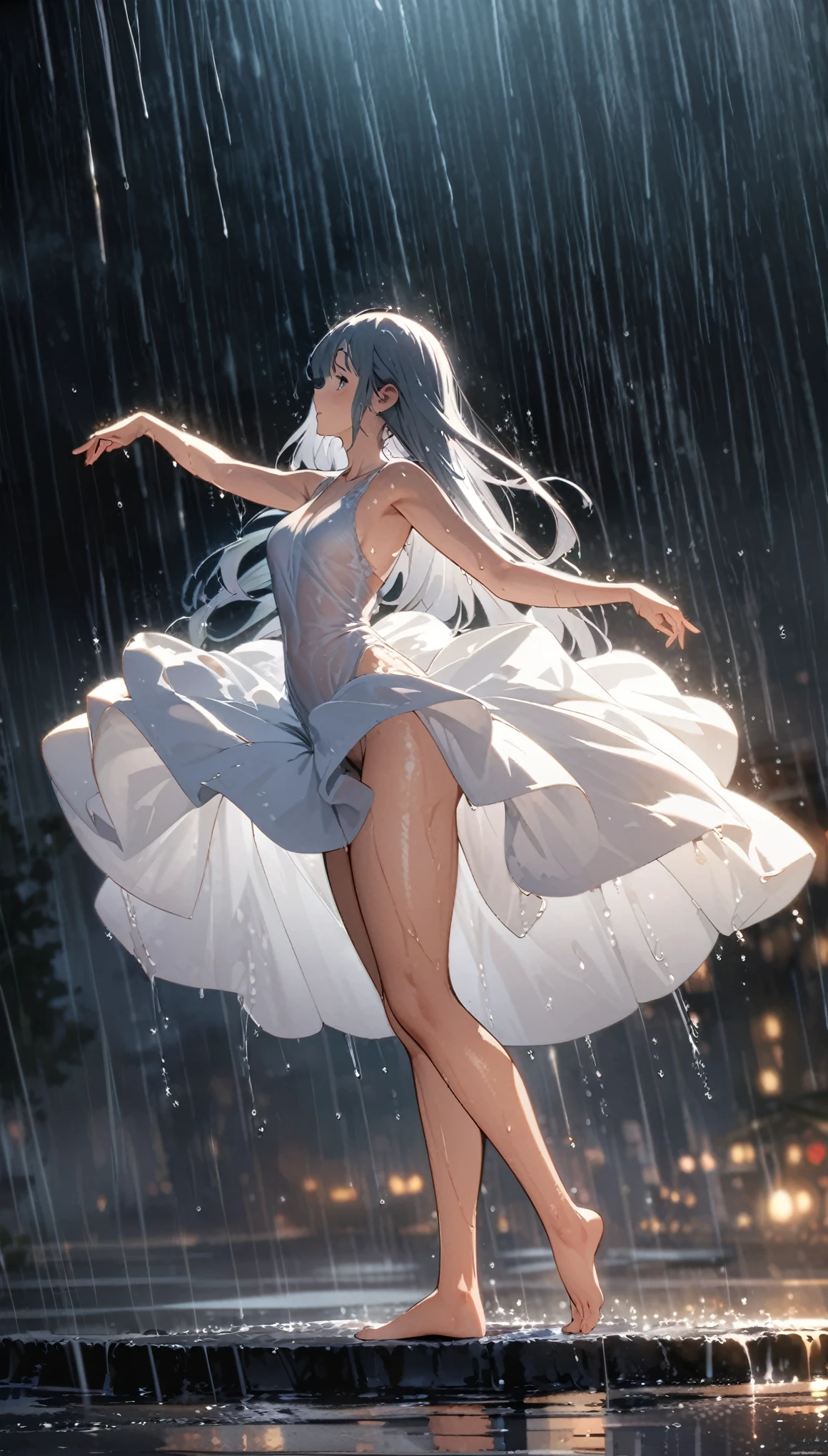 Long-haired girl dancing swan dance in the rain，Wet，Barefoot，High Leg Raise，Full body portrait，High Saturation，CG Art， Makoto Shinkai&#39;s photo, pure, Concept Art, Lofi Art style，Shinkai Makoto animation art style, Lofi Art, Beautiful anime scene, Anime Landscape, Detailed scenery, Makoto Shinkai&#39;s style, Makoto Shinkai&#39;s style, Enhance Details