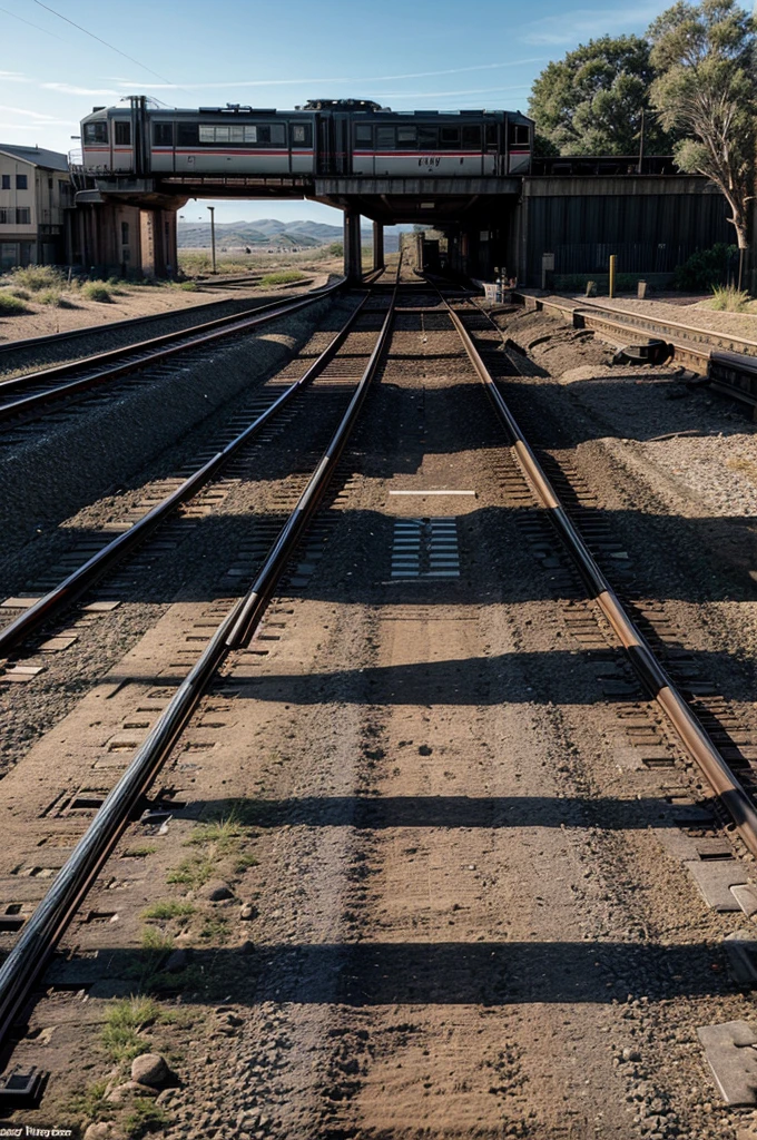 a group of running footsteps beside a train:
Description: A series of overlapping footprints indicating rapid movement, varied in size and shape, suggesting a group of people running together.
Setting: The footsteps are imprinted in the dirt or gravel alongside train tracks. The train, partially visible, is in motion, with blurred wheels and a sense of speed.
Perspective: A side view that captures both the train and the dynamic pattern of the footprints, showing the urgency and direction of the group's movement alongside the moving train.
