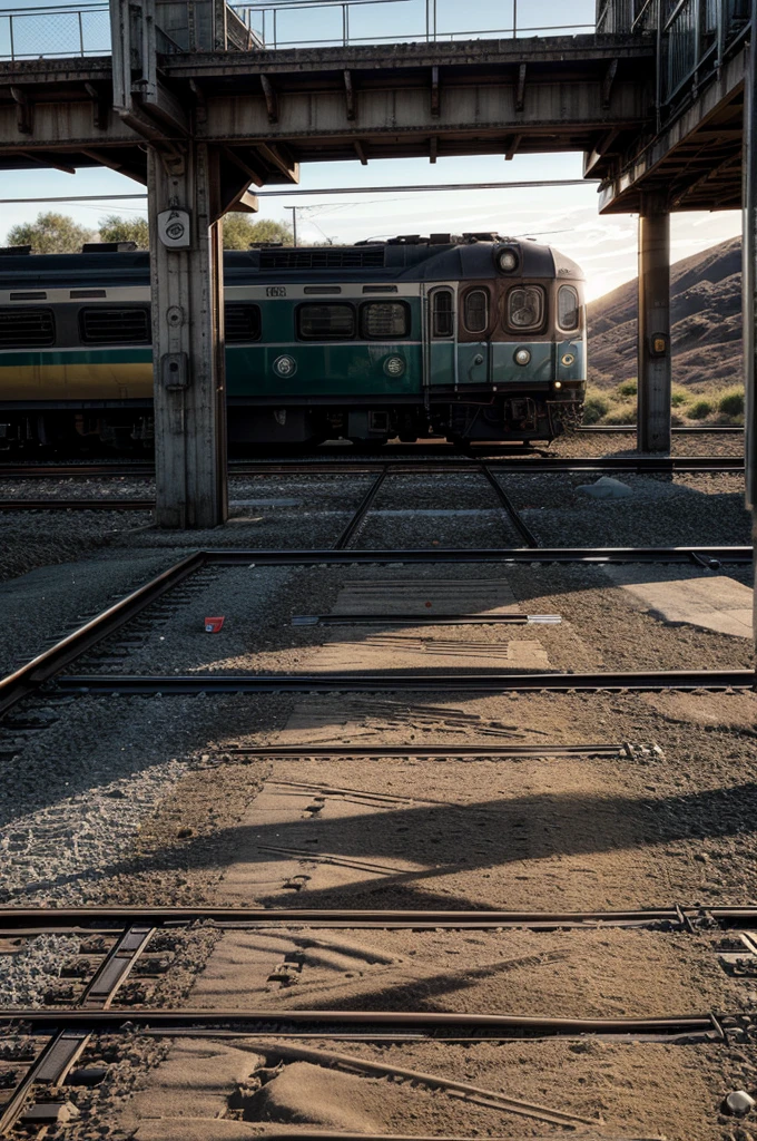 a group of running footsteps beside a train:
Description: A series of overlapping footprints indicating rapid movement, varied in size and shape, suggesting a group of people running together.
Setting: The footsteps are imprinted in the dirt or gravel alongside train tracks. The train, partially visible, is in motion, with blurred wheels and a sense of speed.
Perspective: A side view that captures both the train and the dynamic pattern of the footprints, showing the urgency and direction of the group's movement alongside the moving train.