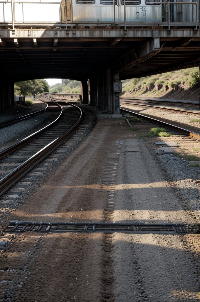  a group of running footsteps beside a train:

Description: A series of overlapping footprints indicating rapid movement, varied in size and shape, suggesting a group of people running together.

Setting: The footsteps are imprinted in the dirt or gravel alongside train tracks. The train, partially visible, is in motion, with blurred wheels and a sense of speed.

Perspective: A side view that captures both the train and the dynamic pattern of the footprints, showing the urgency and direction of the group's movement alongside the moving train.