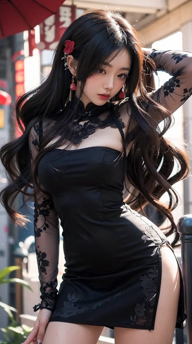 Beautiful Japanese Waifu, early 30s, brunette hair, black lace qipao