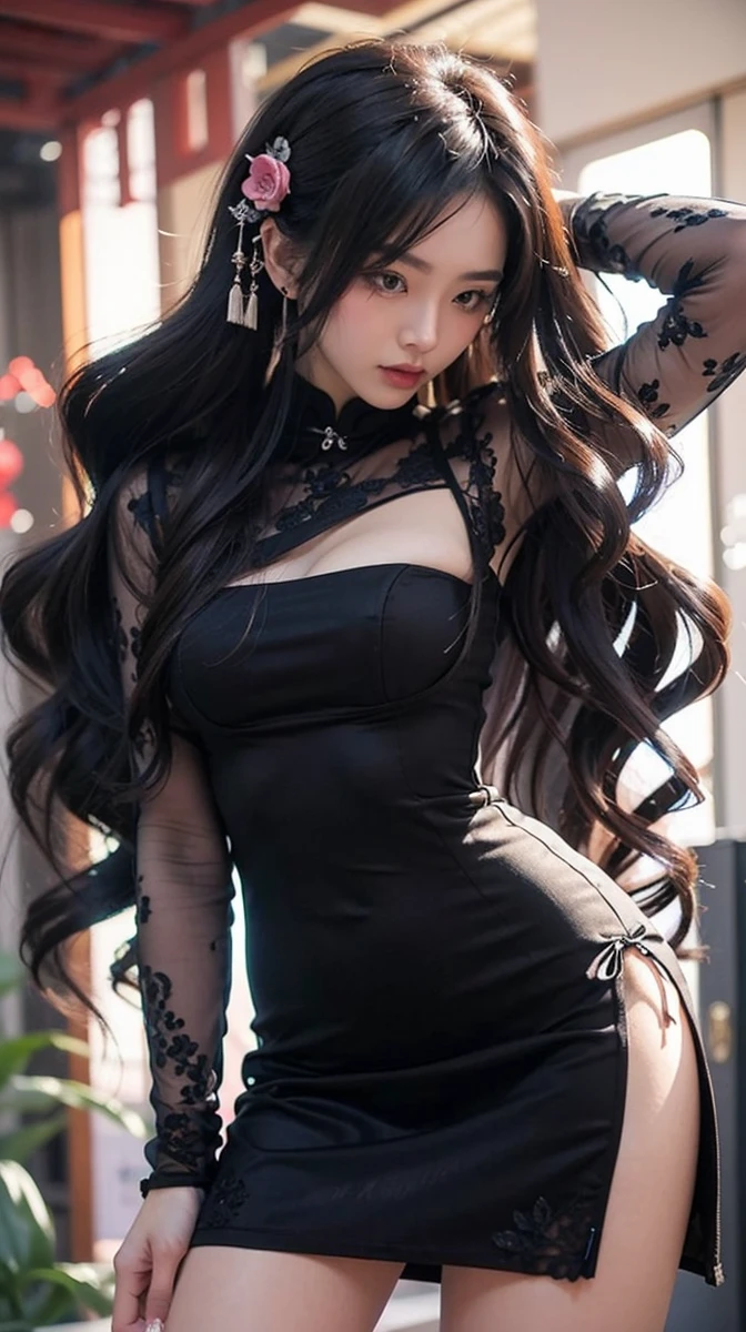 Beautiful Japanese Waifu, early 30s, brunette hair, black lace qipao