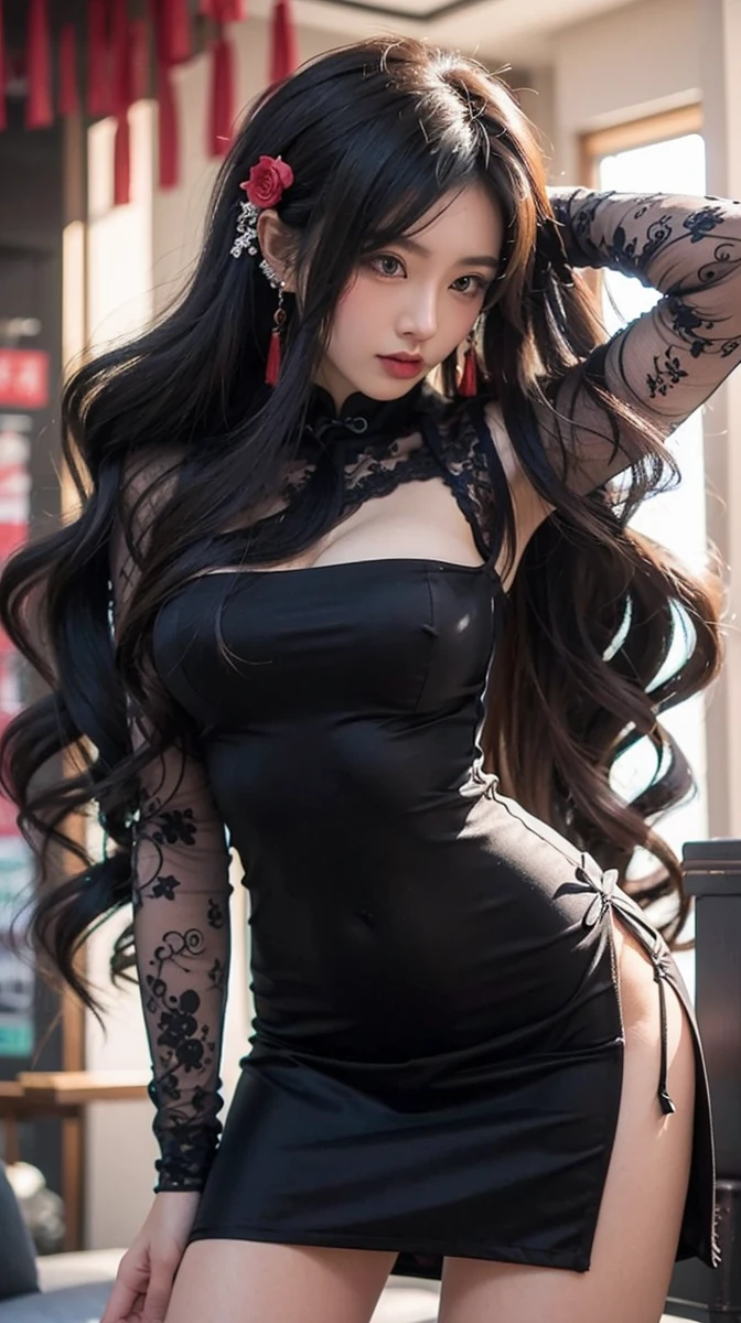 Beautiful Japanese Waifu, early 30s, brunette hair, black lace qipao