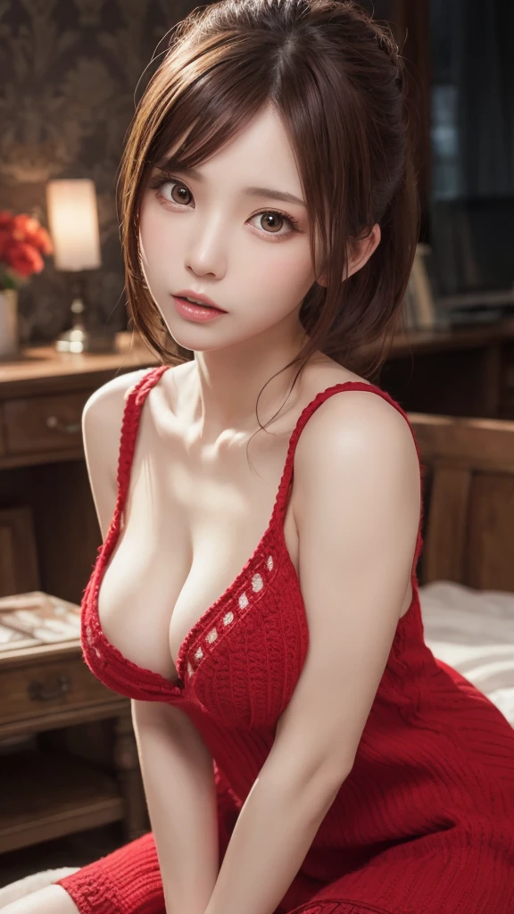 masutepiece, Best Quality, Illustration, Ultra-detailed, finely detail, hight resolution, 8K Wallpaper, Perfect dynamic composition, Beautiful detailed eyes,  Natural Lip, red knitted dress , Big breasts, cleavage , Random (very sexual poses) , show me your sexy butt