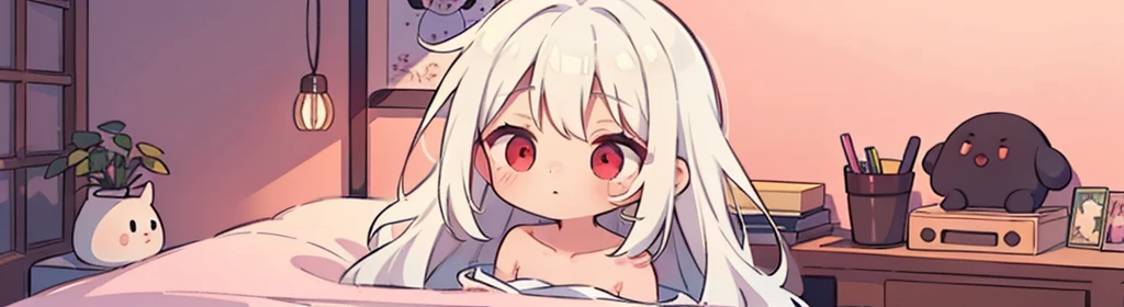 ((((1girl:1.5)))), white hair, red eyes, long hair, (collarbone:1.4), (animation style), (2d, chibi, cute, cute, small , big eyes), skin color white, think about something, background/(in the room ,modern pink girl's room, bed, Soft mood lighting), ((a single rose))