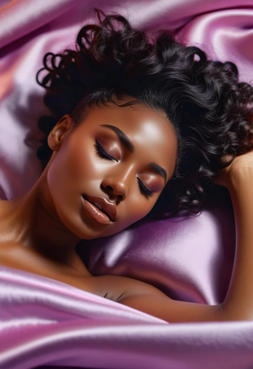 A tantalizing glimpse of a black woman lying on silk sheets, her eyes closed in pleasure as she indulges in a moment of self-care. 8K, hyper realism, swirly vibrant colors, clear and sharp image