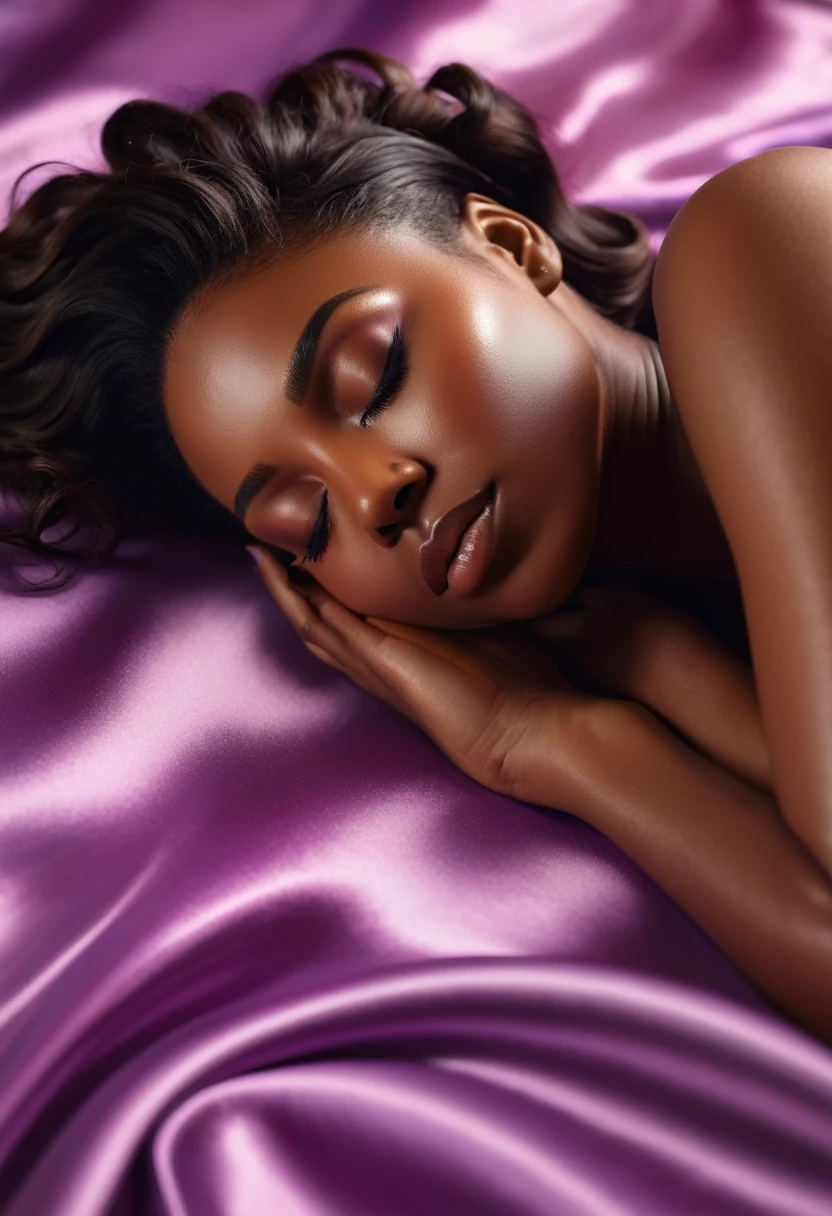 A tantalizing glimpse of a black woman lying on silk sheets, her eyes closed in pleasure as she indulges in a moment of self-care. 8K, hyper realism, swirly vibrant colors, clear and sharp image