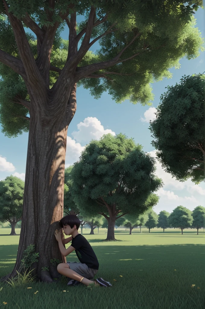 A large ground with green grass, sweet wind , birds energetically flying into the sky, charming day, peaceful day, peaceful movement, peaceful scenery. A boy sit under a tree against its trunk. (( 3D Anime, Sharp image, dark colours, outlines of every thing))
