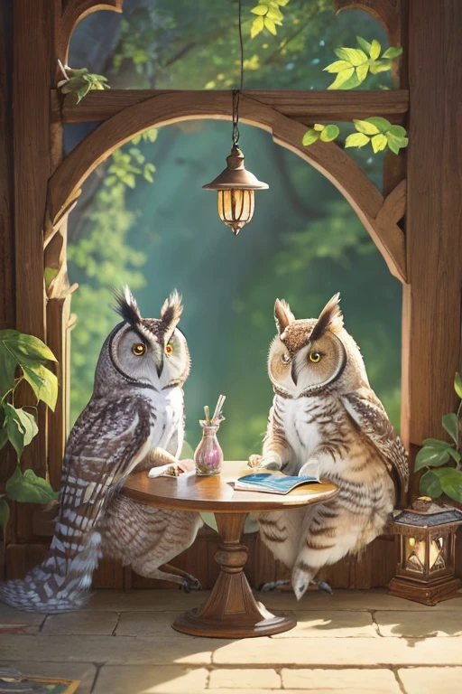 An owl and a flying squirrel are sitting side by side and chatting Fantasy Picture book style Pastel drawing