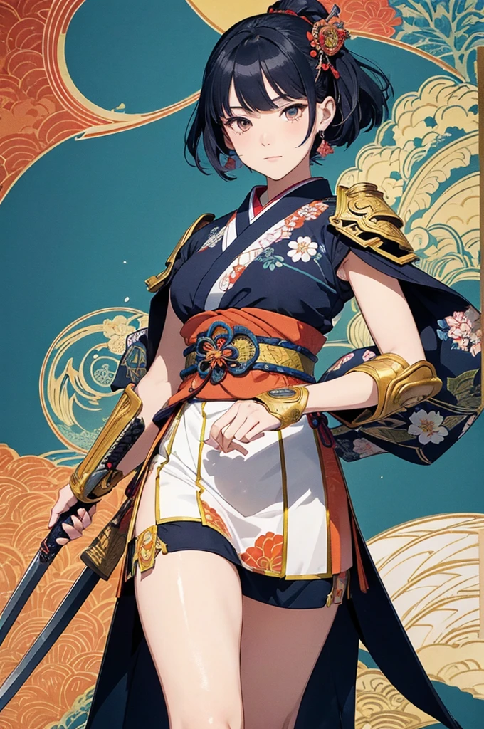 flat color, ukiyoe-style, (best quality, masterpiece, ultra high-resolution, ultra-detailed: 1.2), A vibrant and colorful illustration of an anime-style female samurai character with deep blue wavy-short hair, tween, holding her sword in front of her face. She is wearing traditional Japanese adorned with floral patterns, a backdrop filled with colorful patterns representing ancient symbols and floral motifs. The background is richly detailed with geometric shapes that add depth to their figure's presence, creating a whimsical atmosphere. The background features bold colors and intricate designs that add to the overall visual appeal. This artwork showcases vivid hues, intricate details on both attire and armor, capturing movement as she walks forward in the style of intricate details on both attire and armor, capturing movement as she walks forward.