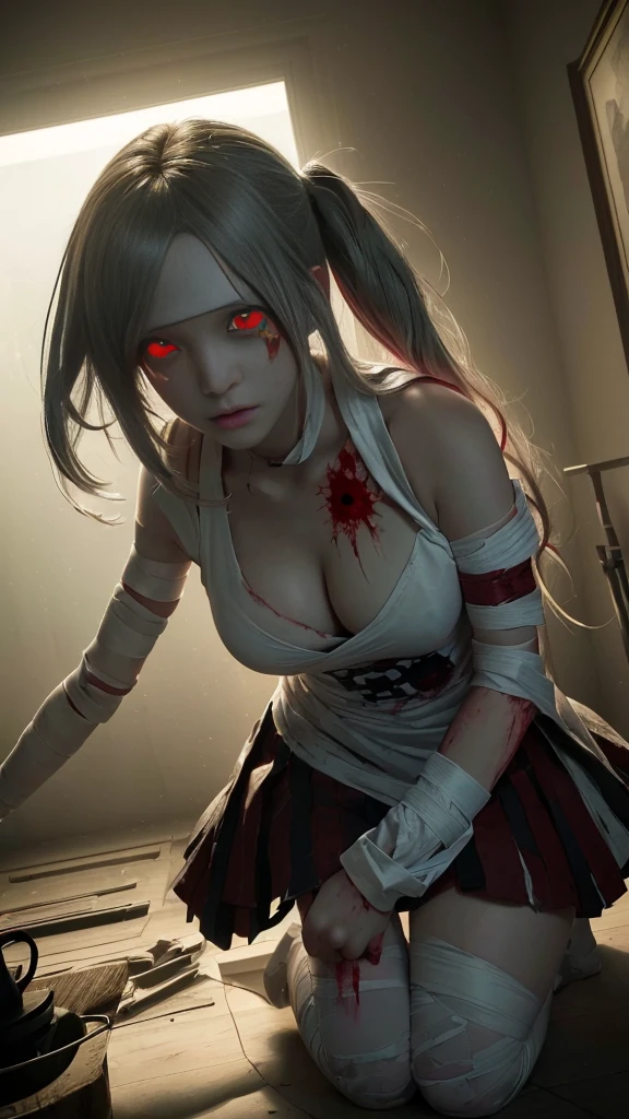 Dark Roomのベッドの上で血まみれの目で走る女の子, Yandere, ((赤くWith glowing eyes)), gapmoe Yandere, everyone, gapmoe Yandere grimdark, Red eyes glow, Nightcore, With glowing eyes, Red eyes glow, Zombies with white eyes, Danganronpa digital art, Anime Monster Girl, Devil Anime Girl, ((Bloody One Piece)), (Bandaged leg:1.3), Running away in a panic, Desperate to escape, (Detailed eyes and face:1.3, Professional photography techniques), (Highest quality, 8K, masterpiece:1.2, RAW Photos), ((Dark Room)), (Photorealism:1.4)
