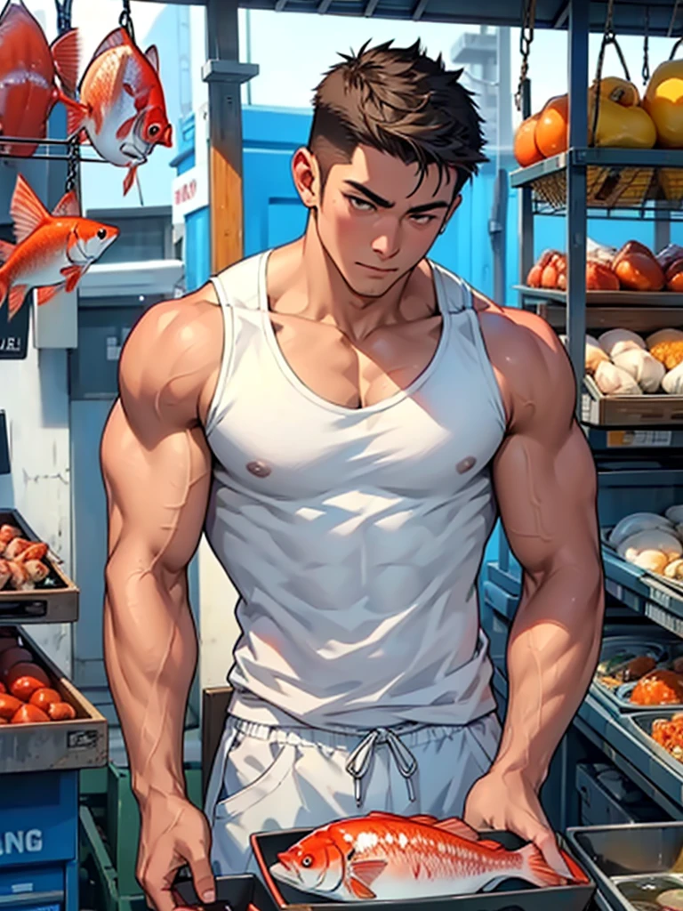 men in white tank-top,ผ้ากันเปื้อนสีเทา, muscular and handsome,fish market