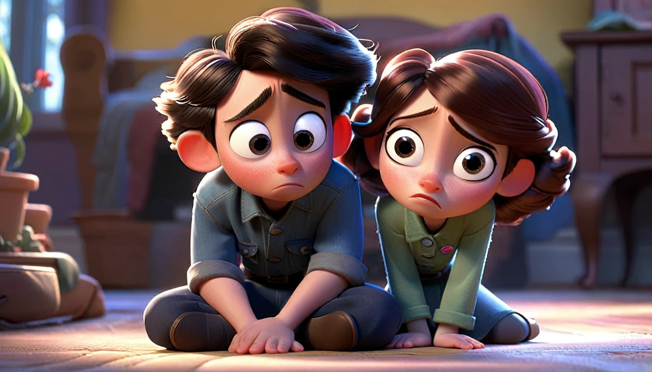 "A character looking vulnerable, hoping for help from another character, in a touching Disney Pixar style."