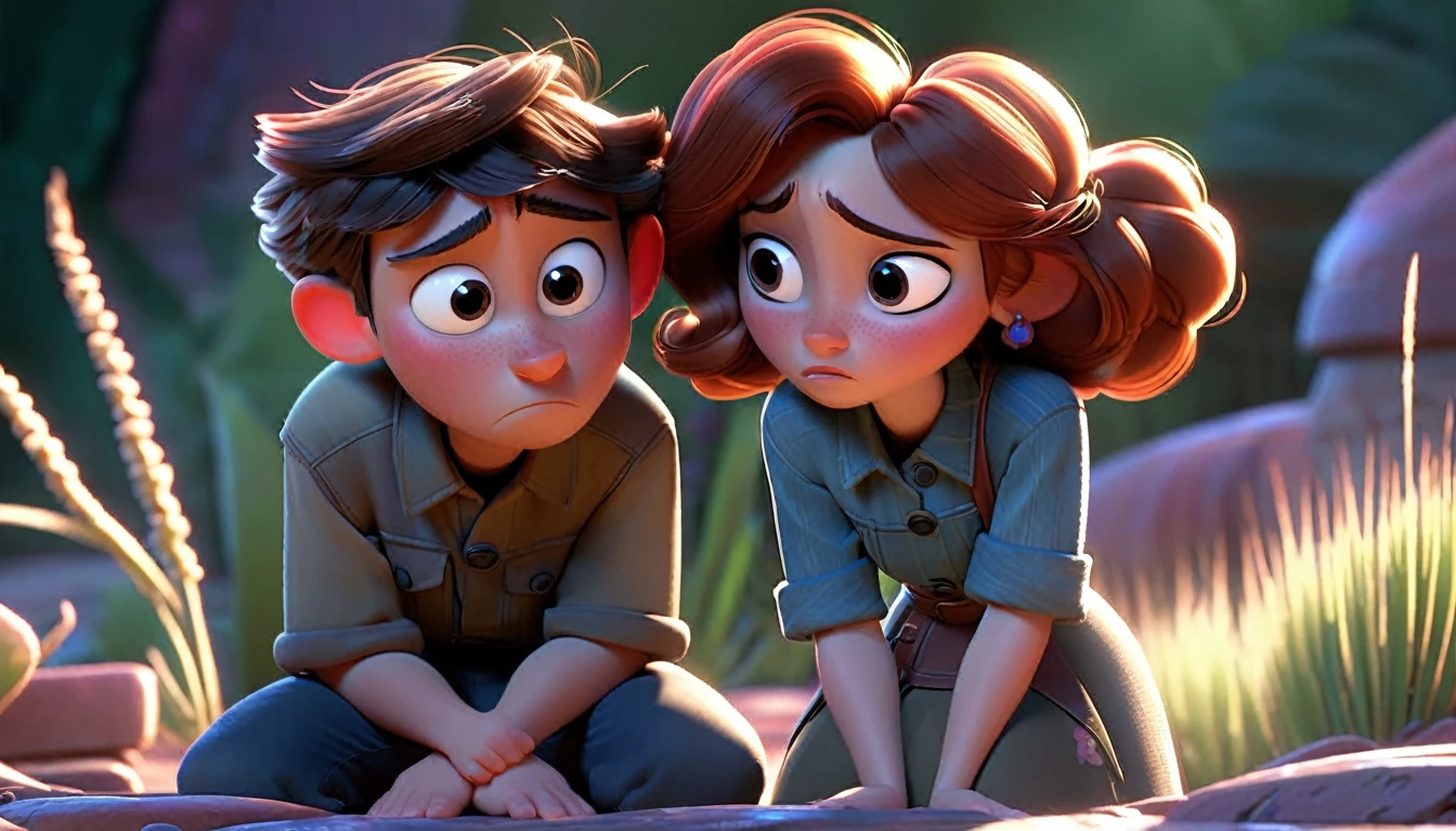 "A character looking vulnerable, hoping for help from another character, in a touching Disney Pixar style."
