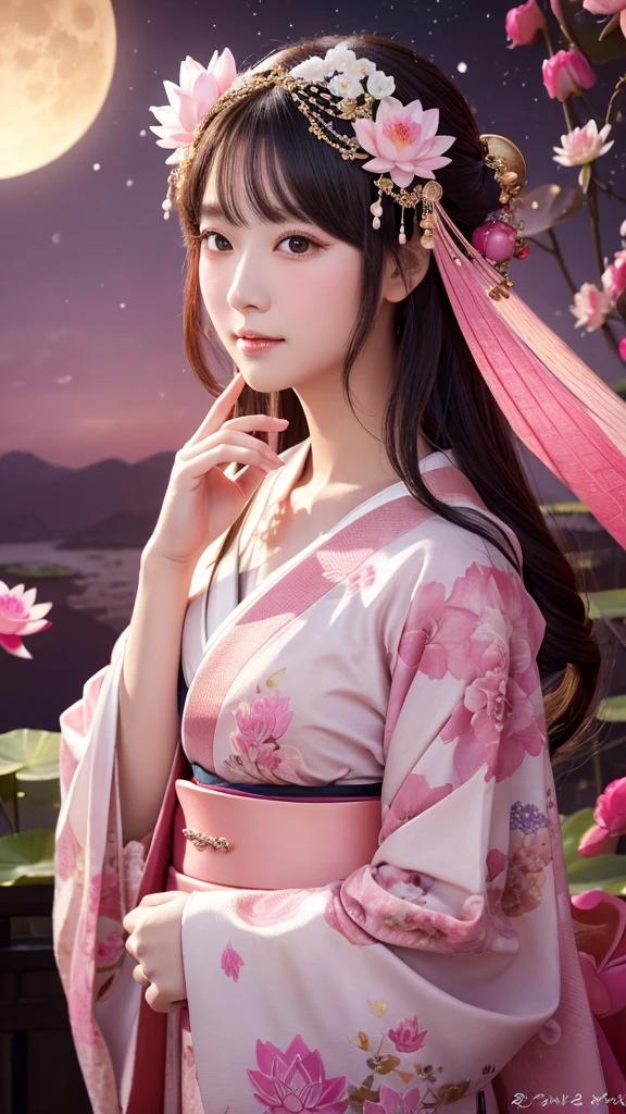 Goddess of fertility, fat, mysterious twelve-layered kimono, decorated kimono and mysterious hair ornament, gentle personality, soft expression, sparkling eyes, pink moon and lotus flower fantasy background, Japanese  