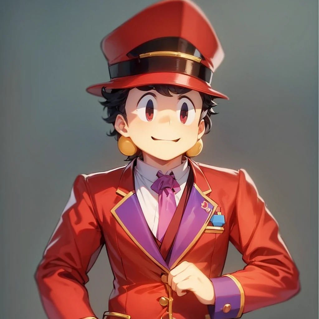 A male character in a Neapolitan-themed suit and a hat with three cookie dominoes on each end.