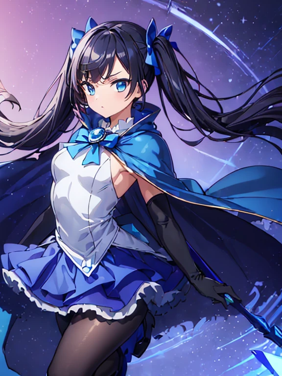 (masterpiece:1.4), (highest quality:1.4), (ultra_high_detaile:1.4), (beautiful:1.4), (beautiful detailed girl:1.4), ((solo)), ((1girl)), (full_body), ((slim body)), ((small_breasts)), (standing), (upright), (black hair), (swept bangs:1.4), (long twintails), (two side up), (blue eye), ((blue brooch)), BREAK (light purple maid), (Knee-length skirt:1.4), (gray pantyhose), BREAK (blue cape:1.4), (longcape:1.4), ((elbow_gloves)), ((blue boots)), (Holding with magic staff), magical_girl style,