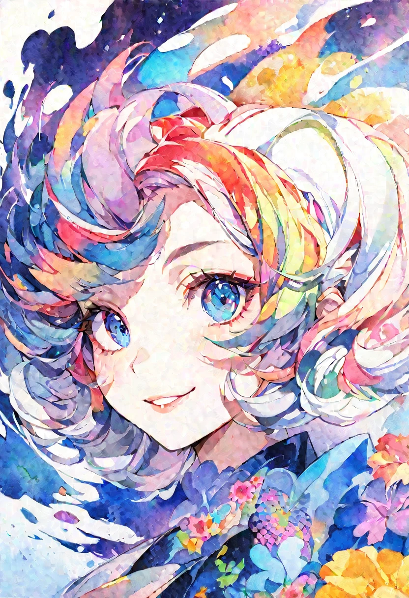 beautiful woman portrait, cute smile, Sylvia Pelissero watercolors, colorful flowers, beautiful eyes, upper body, abstract art, intense watercolor, watercolor detailed art, watercolor splash, surreal, avant-garde pop art, Beautiful and expressive paintings, Beautiful artwork illustration, very colorful tones, wonderful, cool beauty, highest quality, official art, women only, sharp outline, best shot, vector art, lips in love、 (((The strongest beautiful women of all time))), (((Japanese)))、clear, (((highest quality))), lips in love, HDR, ((Detailed details)), stylish fashion, detailed clothing texture, (((graffiti art))), colorful hair, ((masterpiece))、((Super detailed))