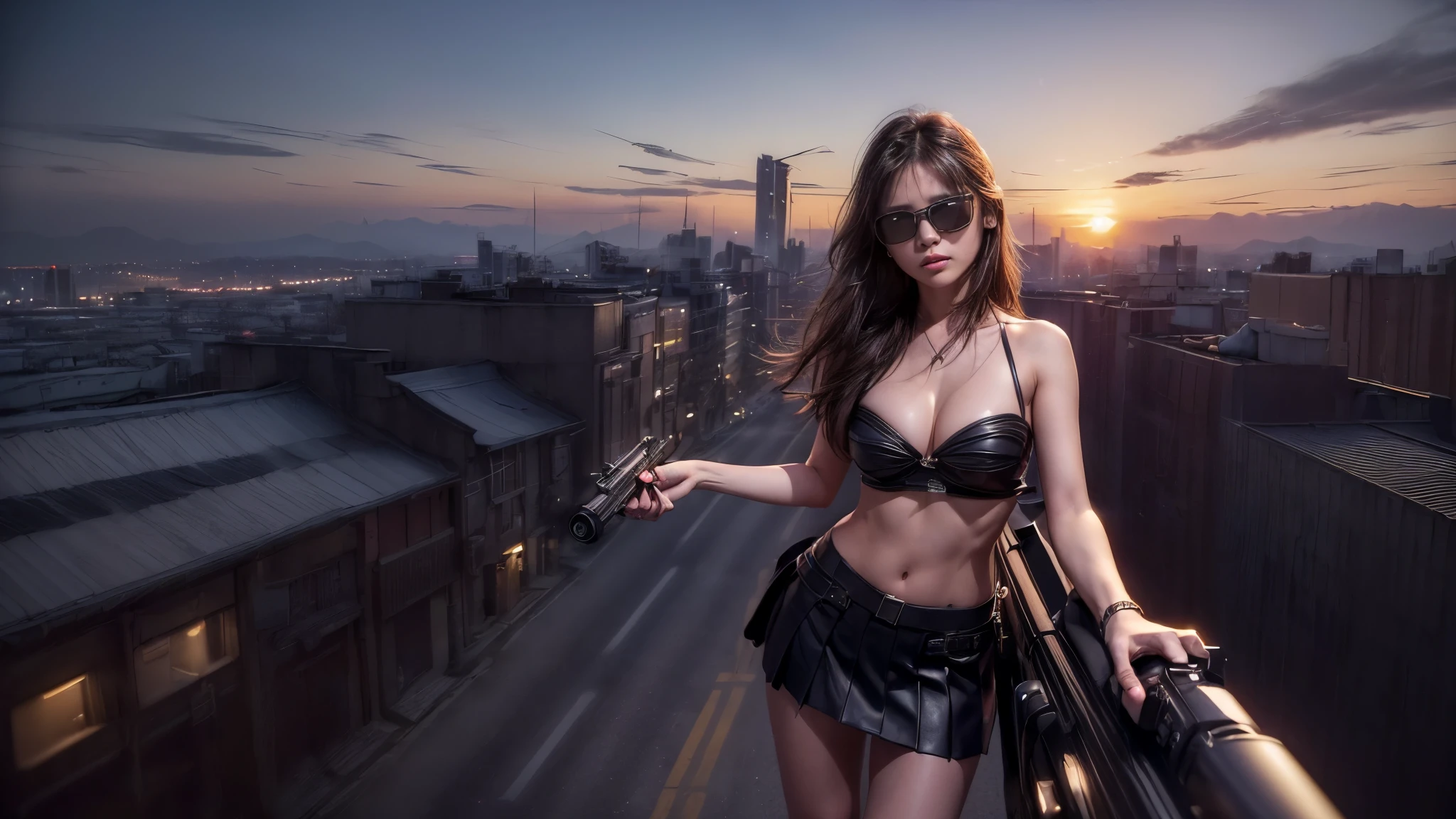 (((At night, ((very dark sunset sky)), (((1girl, solo))), a western woman, photo realistic, large-breast:1.2 slim body, cleavage, off tube top, short pleated miniskirt, standing on rooftop, (matrix style black sunglasses), (((aiming towards viewer with a short:0.8 pistol))), half-body thigh level medium:1.2 shot))). In the background, simple aerial view of a sci-fi futuristic city, (((flying vehicle speeding towards viewer))).