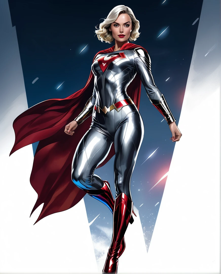 close-up of a woman in a silver suit and red cape, strong girl, like a retrofuturistic heroine, as a retro-futuristic heroine, female superhero proportions, textless, in sleek silver armor, super girl, Marvel concept art, Margot Robbie - Captain America, gal gadot as super girl, scientific woman, Margot Robbie as Wonder Woman, Superhero Body, Superheroine costume