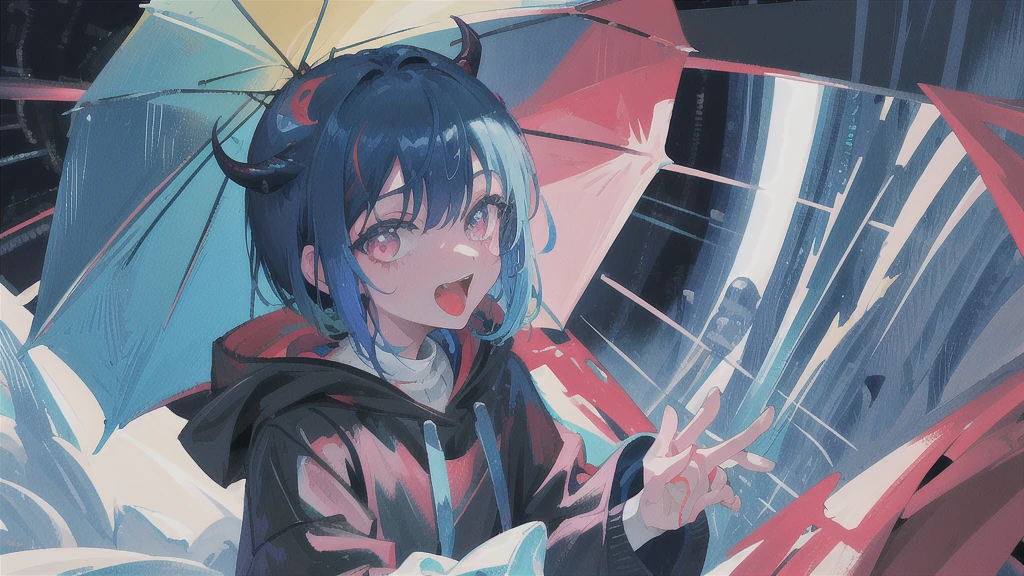 Close-up of color painting of a devil with a big mouth, penguin、penguin、Psychedelic Laughing Devil, Scary color art in 4K, rain、rain、Colorful and sinister background, Blue Hair、Short bob hairstyle、He's also wearing a black t-shirt、Black on the neckチョーカー、penguin、penguin、penguin、Psychedelic space horror, Hypercolor Digital Art, Vibrant colors、Attention to detail, Colorful explosions, Colorful horror art, Colorful Film Art, Colorful illustration, Vivid neon ink painting, Incredibly detailed color art