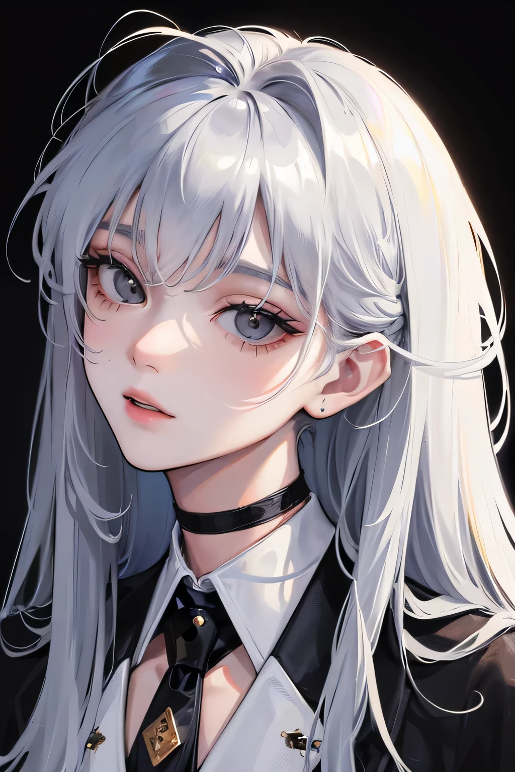 (Top resolution、Distinct_image)top-quality、femele、masterpiece、highly detailed、Semi-realistic、black eyes、18year old、young、Exquisite facial features、Facial features、unique hairstyle, variations, potrait, white background , long hairstyles, wear black suit, mafia