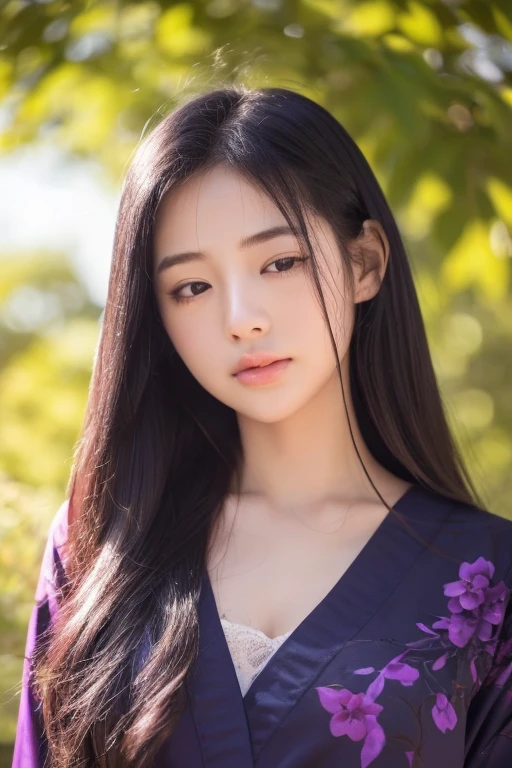 Super super realistic、high quality、Very detailed、Ultra-high resolution、Black Hair、Long Hair、The Beauty of Japan、No makeup、double、Wide-set eyes、Sensual eyes、Sleepy eyes、Apple Cheeks、Alabaster peel、Thin eyebrows 、teeth、Thick lips、sad、behind、Embarrassing 、Apply blush all over the face、Sticking out tongue、Mole under  eye、Half-closed eyes、Hollow Eyes、envy、Exhausted、19 years old、height: 147cm、she wearing deep purple and black kimono、standing in green leaves、she touch hair own、sunlight、full body、blue sky、glint、