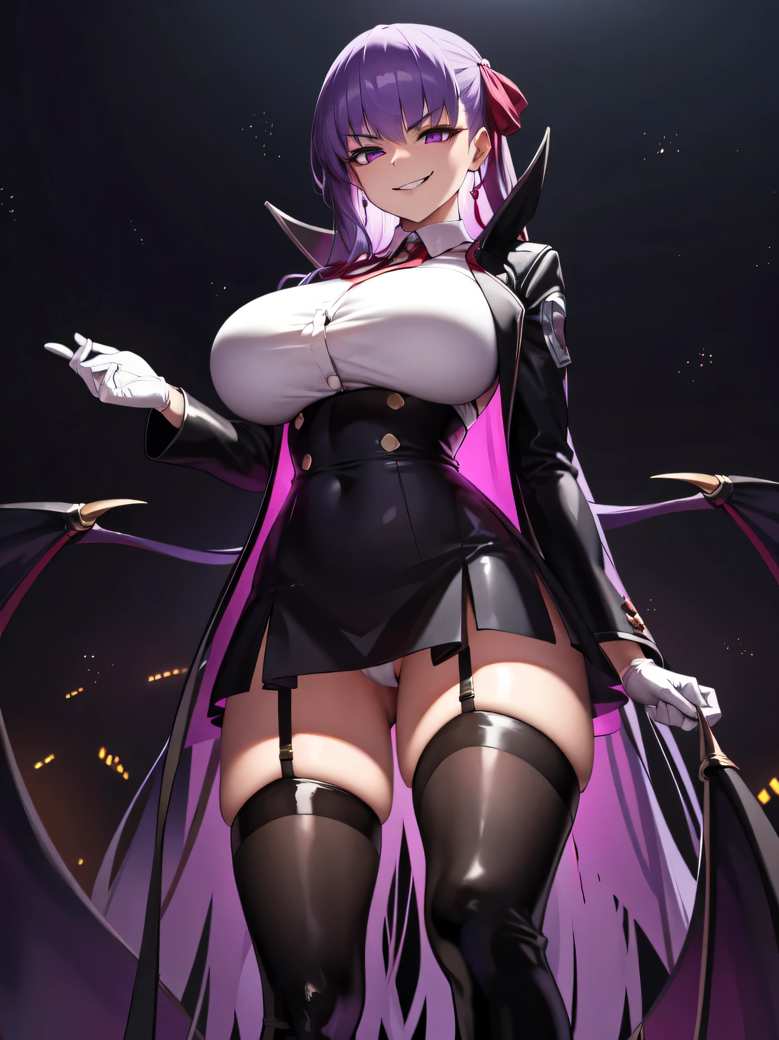  isometric, mid shot,  night, ,,, purple hair, black jacket, white shirt, black skirt, red ribbon, big breasts, purple eyes, white gloves, long hair, big collar, evil smile,smirk,thighhigh boots,(evil smile:1.3),Highly detailed CG Unity 8K wallpaper, perfect lighting,laugh at,too evil smile,too evil smirk,looking down at viewer,,smile bad,deep shaded face,too evil fall,dark world background,