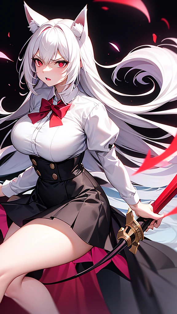 An adult woman half fox and wolf, wide breasts, red eyes, white hair, very angry, in a school girl outfit, on her back, looking back, holding a sword