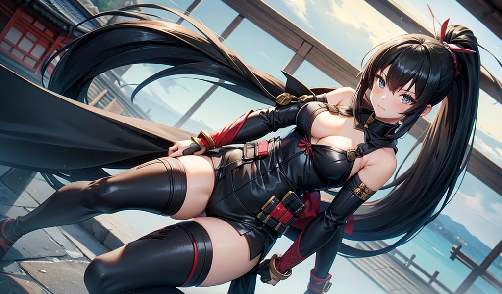 Beautiful girl with long black hair and ponytail and medium breasts,Ninja costumes,Bare arms,thigh,Japanese castle roof