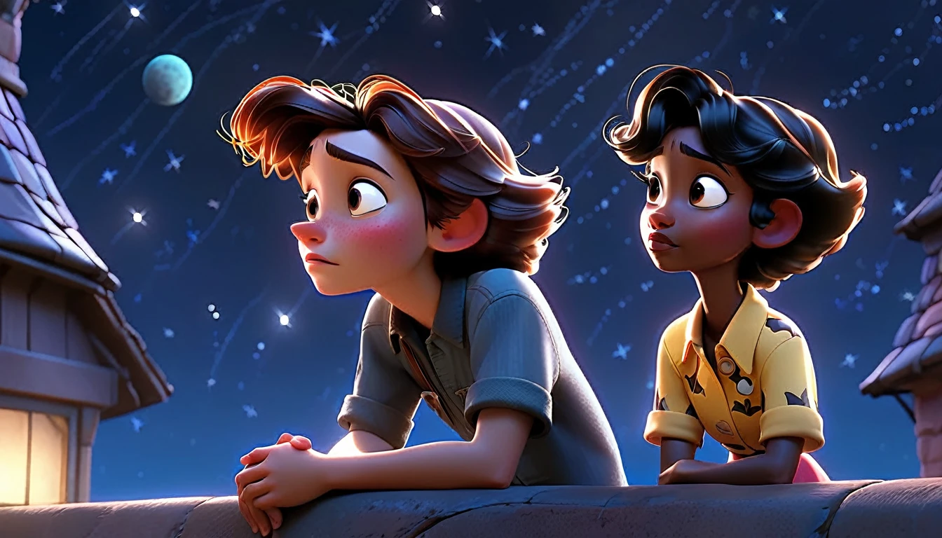 "Two characters looking up at the same night sky from different places, feeling connected, in a poetic Disney Pixar style."