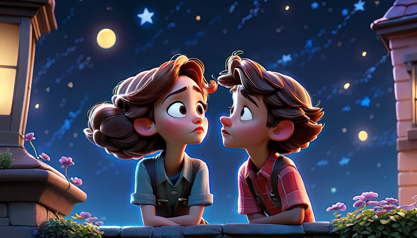 "Two characters looking up at the same night sky from different places, feeling connected, in a poetic Disney Pixar style."