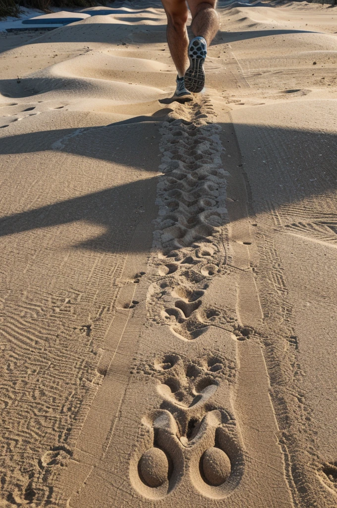 a group of running footsteps:
Description: A series of overlapping footprints indicating rapid movement. The footprints should be varied in size and shape, suggesting a group of people running together.
Setting: The footsteps are imprinted in a soft surface like sand, dirt, or snow, making the impressions clear and distinct.
Perspective: A slightly angled overhead view that captures the dynamic pattern of the footprints, showing the direction and urgency of the group's movement.