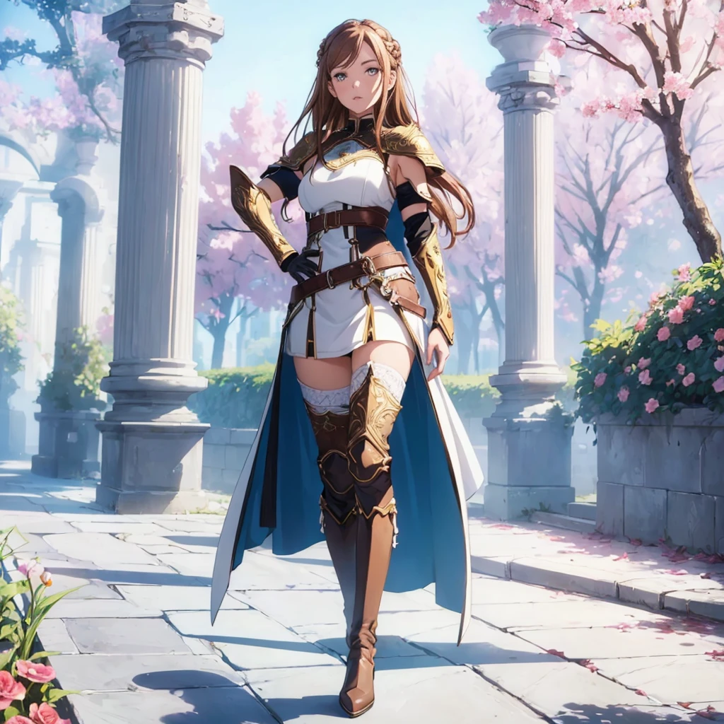 ((1girl, solo)), ((hand on hip)), standing, beautiful body, (perfect anatomy, perfect body, perfect hands, perfect legs), ((five fingers)), natural proportions, sexy body, large breasts, ((full body, full body front)) BREAK

((extremely detailed face)), (beautiful detailed eyes:1.6), (realistic pupils, realistic iris:1), expressive eyes, looking at viewer, (clear eyes:1.3), (hyperrealistic:1.2), (detailed skin texture:1.2), smooth skin, asuna yuuki, (brown hair:1.5), (brown eyes), long hair, braid, bangs, (detailed lips:1.3), (attractive lips:1.1), (glossy lips:1.1), perfect face, perfect eyes BREAK

mini dress, long sleeves, (shoulder armor:1.3), (arm guard:1.3), ((black thighhighs)), knee high boots, armored boots, thighs, zettai ryouiki, belt, cape BREAK

outdoors, day, (garden:1.5), (flower:1.3), (trees:1.3), (shade of trees:1.2), medieval BREAK

(masterpiece:1.5), anime-style, top quality, best quality, (beautiful and aesthetic:1.2), (ultra detail:1.5), Ultra-detailed depiction, Ultra-precise depiction, extremely detailed 8k illustration, high resolution, (highly detailed shading:1.2), (realistic lighting:1.4), perfect lighting, vibrant colors, dynamic tones, striking hues, 8k, absurd resolution, perfect shadows, hdr, UHD, ambient lighting, realistic, ultra-realistic, photo realistic, highly detailed, rich detail, luminous colors, fine texture, intricate design, professional illustration, (soft light:1.2), (illustration:0.7)