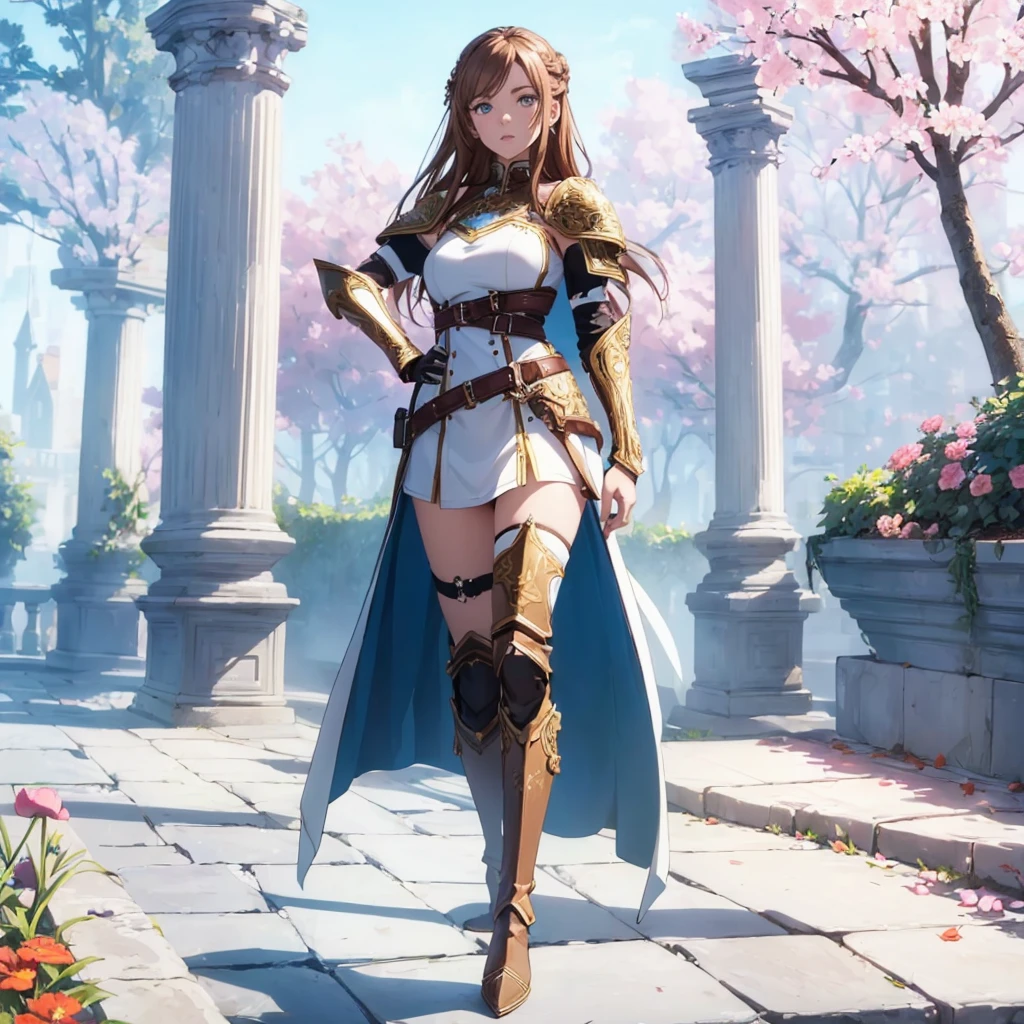 ((1girl, solo)), ((hand on hip)), standing, beautiful body, (perfect anatomy, perfect body, perfect hands, perfect legs), ((five fingers)), natural proportions, sexy body, large breasts, ((full body, full body front)) BREAK
((extremely detailed face)), (beautiful detailed eyes:1.6), (realistic pupils, realistic iris:1), expressive eyes, looking at viewer, (clear eyes:1.3), (hyperrealistic:1.2), (detailed skin texture:1.2), smooth skin, asuna yuuki, (brown hair:1.5), (brown eyes), long hair, braid, bangs, (detailed lips:1.3), (attractive lips:1.1), (glossy lips:1.1), perfect face, perfect eyes BREAK
mini dress, long sleeves, (shoulder armor:1.3), (arm guard:1.3), ((black thighhighs)), knee high boots, armored boots, thighs, zettai ryouiki, belt, cape BREAK
outdoors, day, (garden:1.5), (flower:1.3), (trees:1.3), (shade of trees:1.2), medieval BREAK
(masterpiece:1.5), anime-style, top quality, best quality, (beautiful and aesthetic:1.2), (ultra detail:1.5), Ultra-detailed depiction, Ultra-precise depiction, extremely detailed 8k illustration, high resolution, (highly detailed shading:1.2), (realistic lighting:1.4), perfect lighting, vibrant colors, dynamic tones, striking hues, 8k, absurd resolution, perfect shadows, hdr, UHD, ambient lighting, realistic, ultra-realistic, photo realistic, highly detailed, rich detail, luminous colors, fine texture, intricate design, professional illustration, (soft light:1.2), (illustration:0.7)